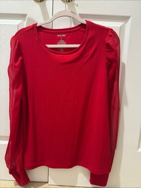Nine West Bright Red Ribbed Body Top with Sheer Puff Sleeves